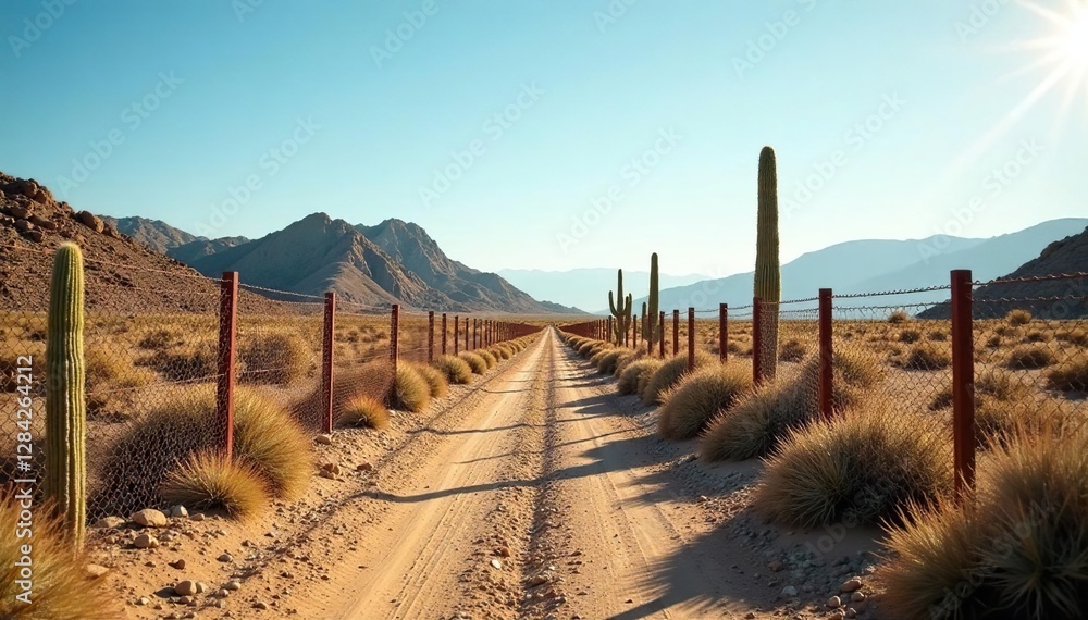 Metal barriers in a desert landscape with cacti, metal fence, desert landscape features, desert barrier Metal barriers in a desert landscape with cacti, metal fence, desert landscape features, desert barrier