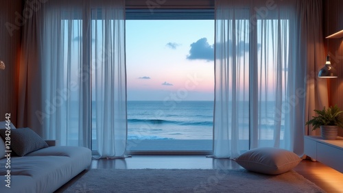 Bild auf Leinwand Blowing sheer curtains, Bird's-eye view of sheer curtains swaying in a coastal home ocean hues reflected twilight sky HDR