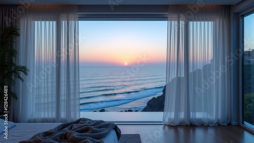 Blowing sheer curtains, Bird's-eye view of sheer curtains swaying in a coastal home ocean hues reflected twilight sky HDR.
