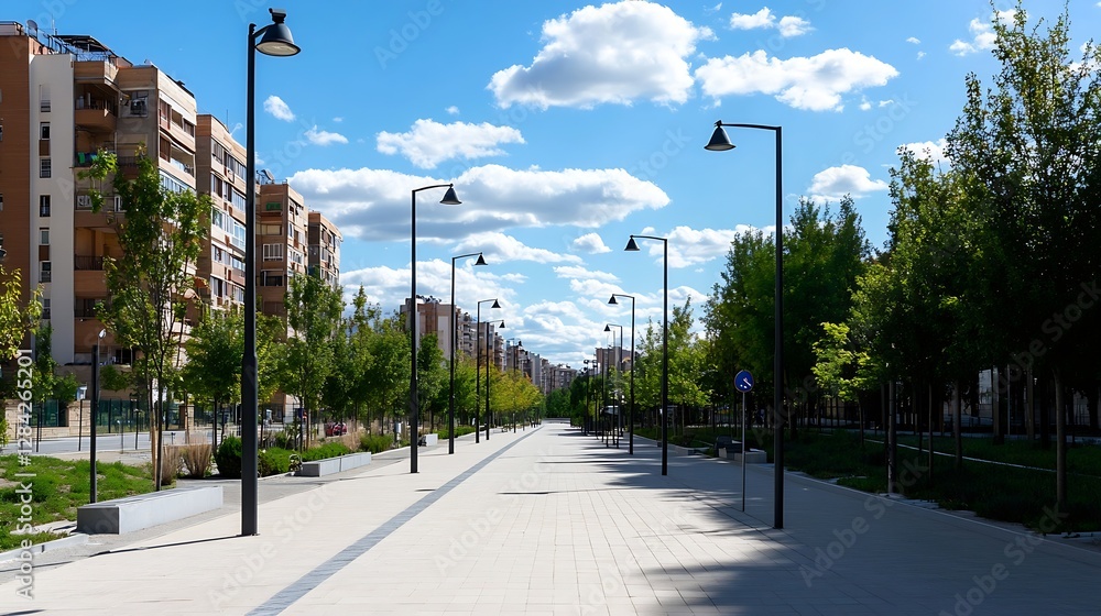 Spacious urban pathway lined with trees and modern street lights under a clear blue sky : Generative AI