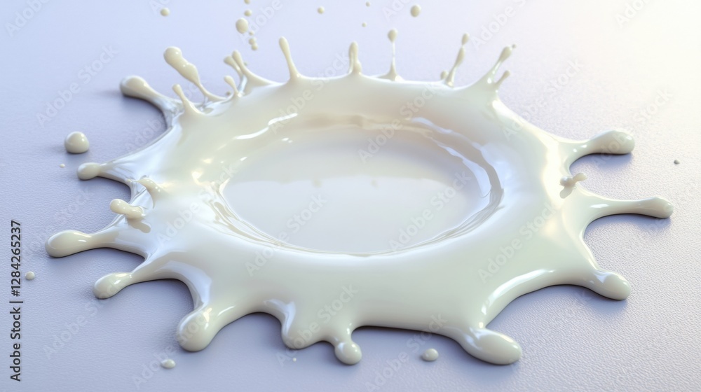Dramatic Circular Milk Splash High Angle View on Gray Surface Milk Droplets 