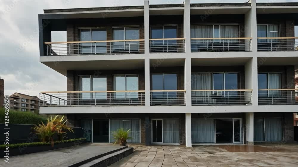 Modern Architecture of a Residential Building with Balconies and Large Windows Modern Architecture of a Residential Building with Balconies and Large Windows