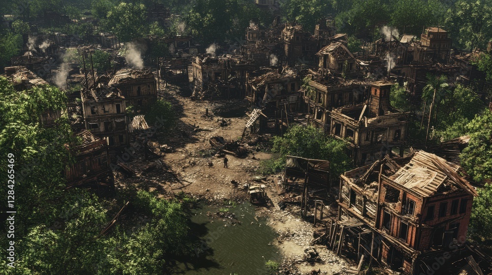 Post-apocalyptic urban ruins with dense forest surroundings Post-apocalyptic urban ruins with dense forest surroundings