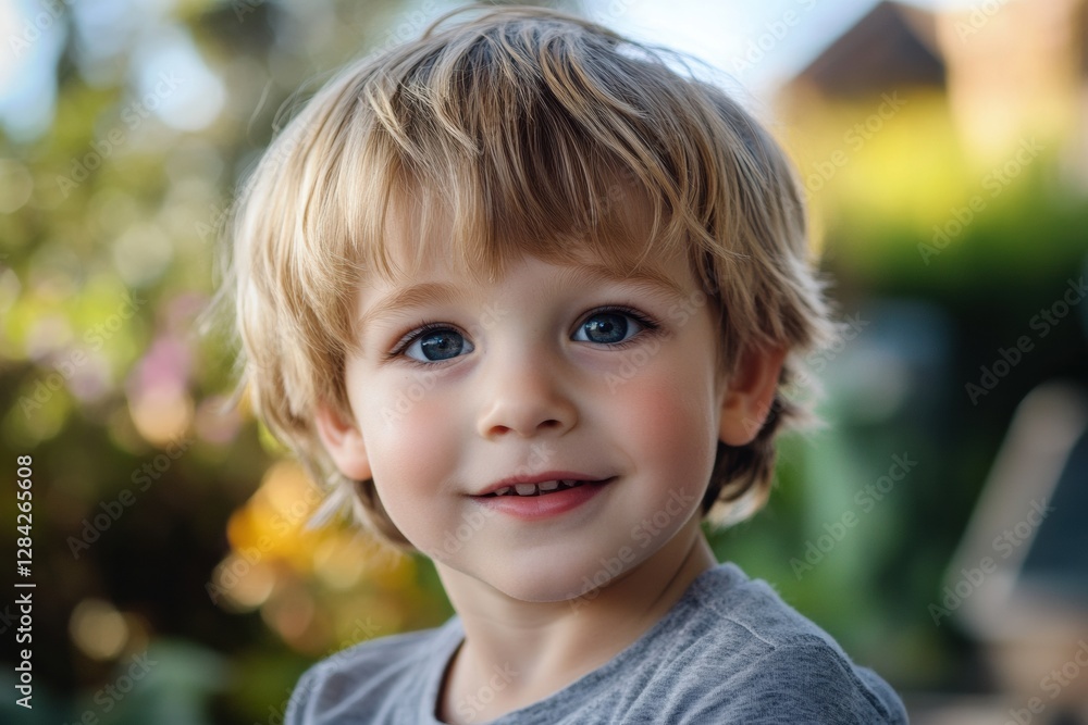 Young boy with blonde hair smiling in a garden during daytime surrounded by colorful flowers. Generative AI Young boy with blonde hair smiling in a garden during daytime surrounded by colorful flowers. Generative AI