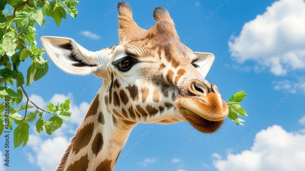 Obraz premium Giraffe Extending Neck to Reach Leaves on a Sunny Day