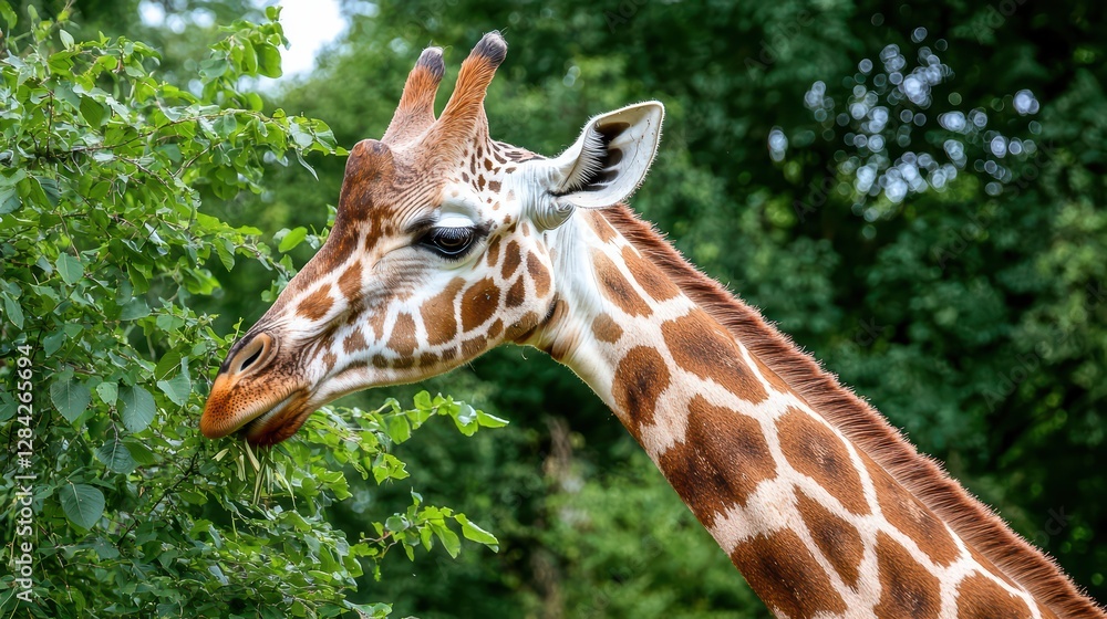 Giraffe Extending Its Neck to Reach Leaves in Lush Greenery Giraffe Extending Its Neck to Reach Leaves in Lush Greenery
