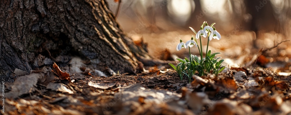 Obraz premium Snowdrops blooming near tree trunk in early spring forest