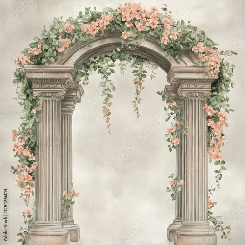 Floral Archway with Stone Columns and Blossoms a Watercolor Artistic Representation with Vintage Charm photo