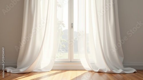 Foto Blowing sheer curtains, Gentle breeze catches white curtains in sunlight soft shadows on hardwood floor serene minimalist room 8K UHD