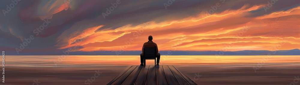 Obraz premium Man watches sunset from dock