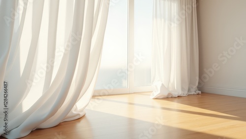Slika na platnu Blowing sheer curtains, Gentle breeze catches white sheer curtains in a sunlit minimalist bedroom with soft shadows and wooden floors