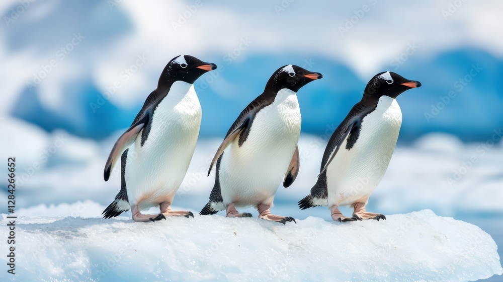 Fototapeta premium Group of Penguins Waddling on Ice Inside a Zoo Environment
