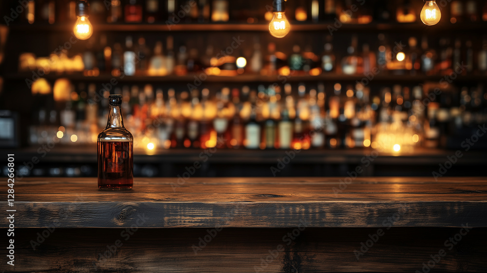 Dark wooden table with a blurred background of a bar interior, providing space for product display or montage of your products. The background features bokeh lights.