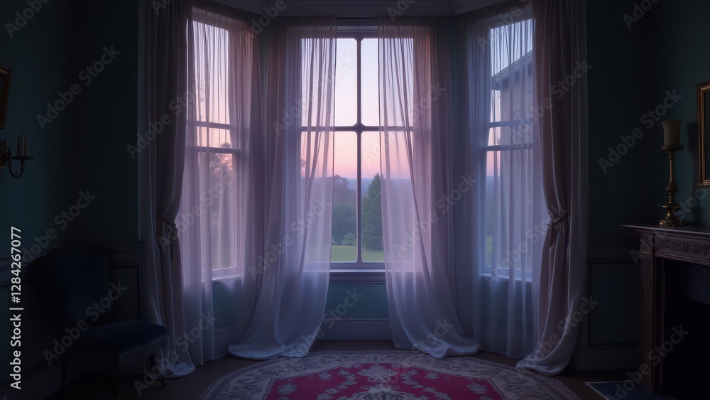 Fototapeta premium Blowing sheer curtains, Sheer curtains blown upward by wind in Victorian parlor dim twilight lighting mysterious ambiance 8K UHD.
