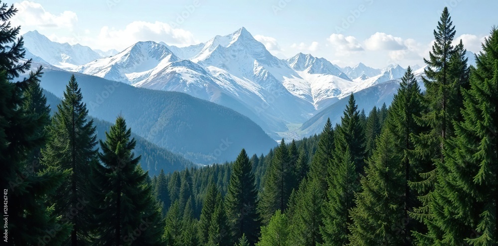 Dense forest with snow-capped mountains in the distance, trees, scenery Dense forest with snow-capped mountains in the distance, trees, scenery