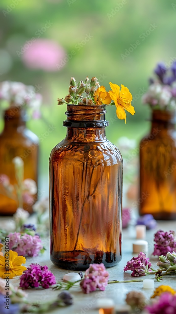 Amber bottles with wildflowers, window view Amber bottles with wildflowers, window view