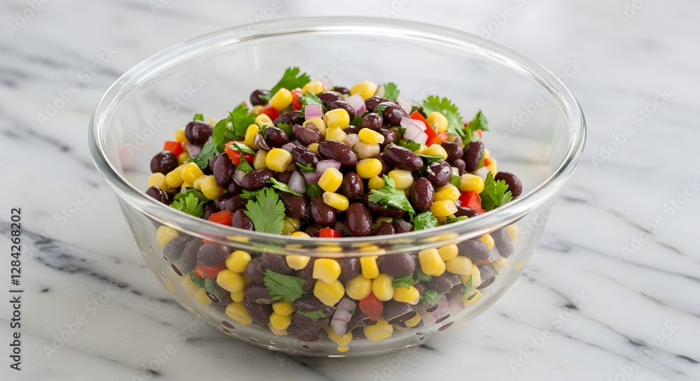 Black Bean and Corn Salad in Glass Bowl on Marble Surface Black Bean and Corn Salad in Glass Bowl on Marble Surface