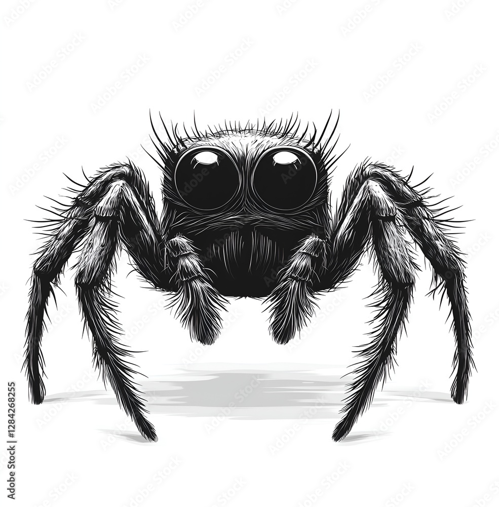 Black and white vector graphic of an adorable spider on a solid white background Black and white vector graphic of an adorable spider on a solid white background