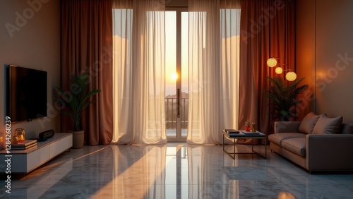 Blowing sheer curtains, Sheer curtains drift gracefully in a twilight room with warm artificial lighting and marble floors. Bird's-eye view hype