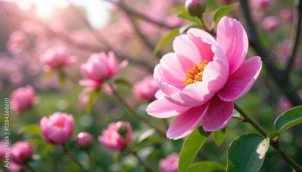 Soft pink peony blossoms unfold on the tree's branches, bloom, spring blooms, peony tree Soft pink peony blossoms unfold on the tree's branches, bloom, spring blooms, peony tree