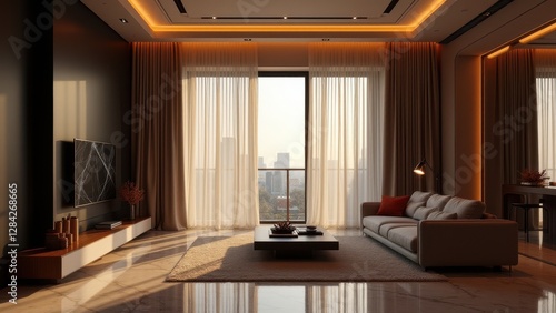 Blowing sheer curtains, Sheer curtains drift gracefully in a twilight room with warm artificial lighting and marble floors. Bird's-eye view hype