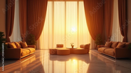 Blowing sheer curtains, Sheer curtains sway under golden sunset light in a luxurious living room bird's-eye view 8K UHD.