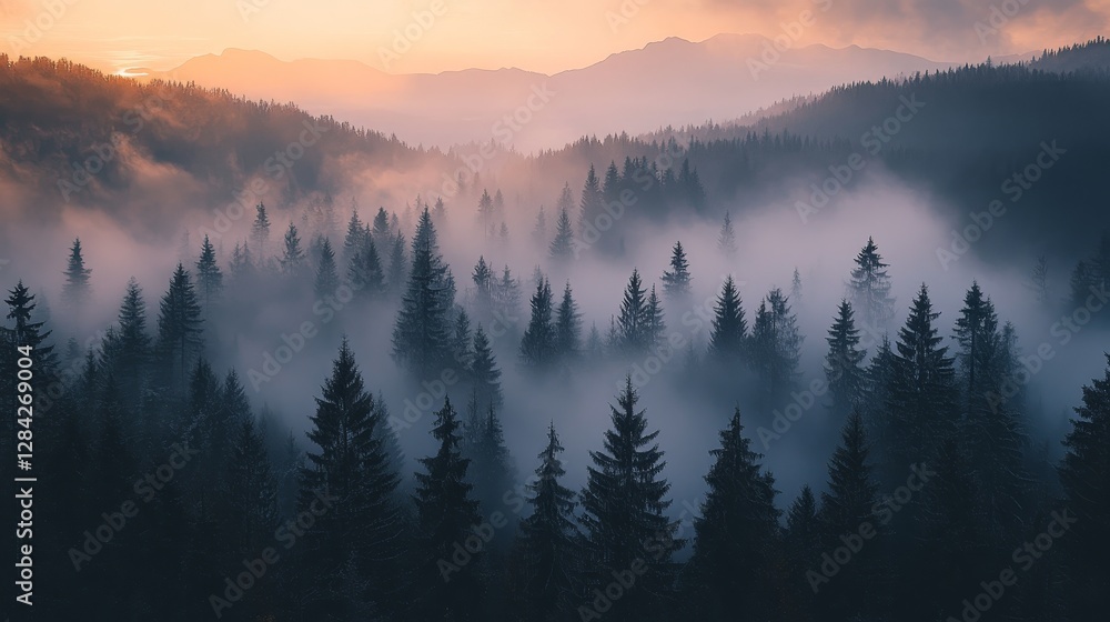Obraz premium Misty forest landscape at dawn with mountains in the background, serene atmosphere and soft light
