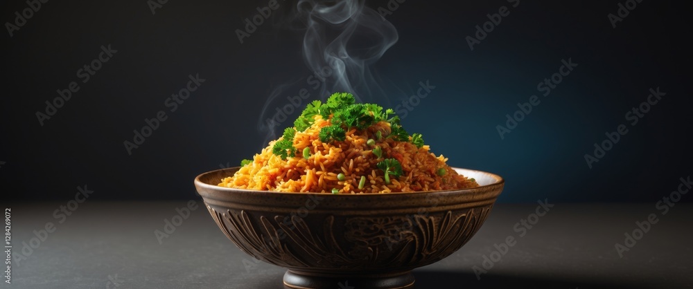 Freshly Prepared Fried Rice in Decorative Bowl with Parsley on Dark Background. Freshly Prepared Fried Rice in Decorative Bowl with Parsley on Dark Background.