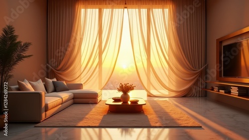 Blowing sheer curtains, Sheer curtains sway under golden sunset light in a luxurious living room bird's-eye view 8K UHD.