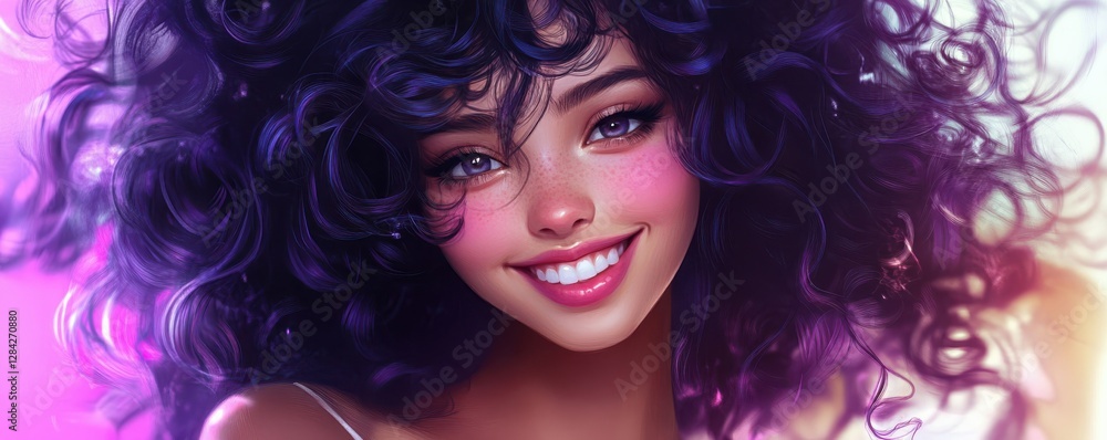 Fototapeta premium Young woman with curly hair smiling brightly in colorful light