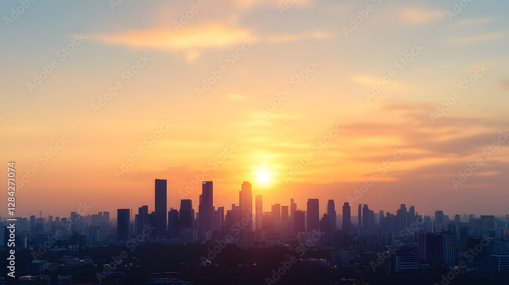 Fototapeta premium Cityscape sunset silhouette, urban horizon, fiery sky, distant hills, panoramic view