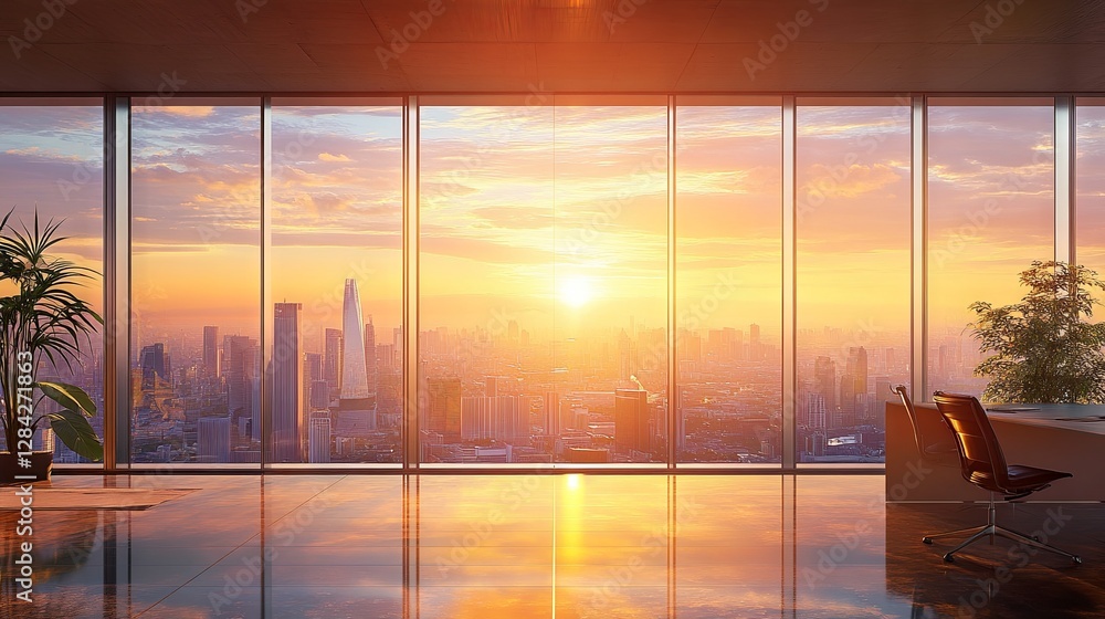 Fototapeta premium Serene Sunrise Office View with City Skyline