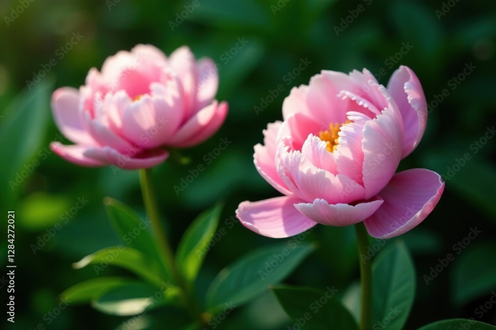 Soft pink peony flowers in a lush green foliage with deep shadow, leafy greens, nature Soft pink peony flowers in a lush green foliage with deep shadow, leafy greens, nature