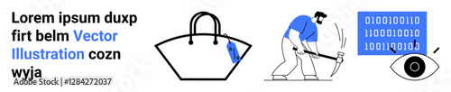 Bag with a price tag, person mining data, binary code in a frame, and eye symbolizing surveillance. Ideal for data security, e-commerce, digital privacy, blockchain, cybersecurity financial tech