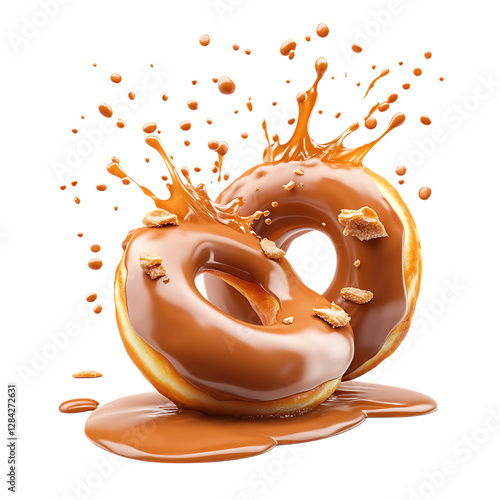 Caramel Donuts Splashing PNG Against Transparent Background for Sweet Treat Branding, Dessert Design, or Bakery Promotion photo