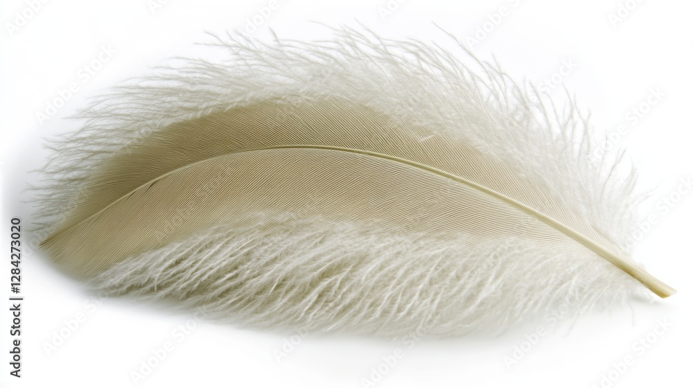 Close Up of a Light Beige Feather with Fuzzy Texture on a White Background Close Up of a Light Beige Feather with Fuzzy Texture on a White Background