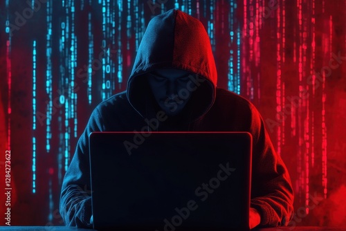 Hacker wearing a mask using a laptop to steal data photo