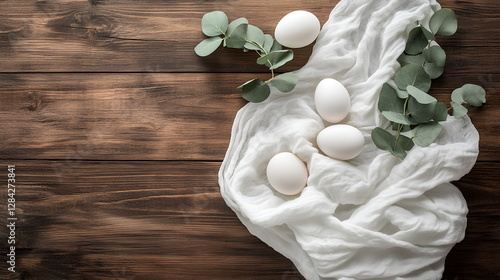 Top-down shot showcases a minimalist Easter still life, presenting a cluster of white eggs, accented by sprigs of eucalyptus, arranged on a soft, white cloth. The backdrop consists of a warm-toned, ru