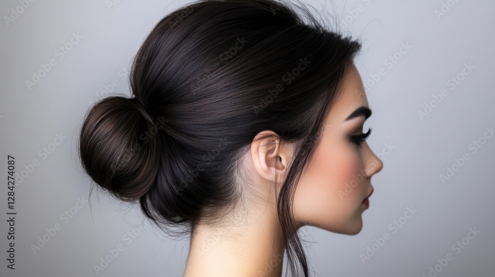 Elegant Profile of Woman with Sleek Bun Hairstyle Against Gray Background Elegant Profile of Woman with Sleek Bun Hairstyle Against Gray Background