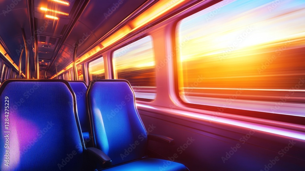 Fototapeta premium Vibrant sunset view from a moving train, showcasing empty seats and blurred scenery outside
