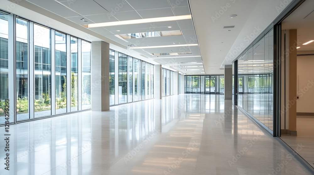 Modern spacious hallway with floor to ceiling windows illuminating a bright interior space : Generative AI Modern spacious hallway with floor to ceiling windows illuminating a bright interior space : Generative AI