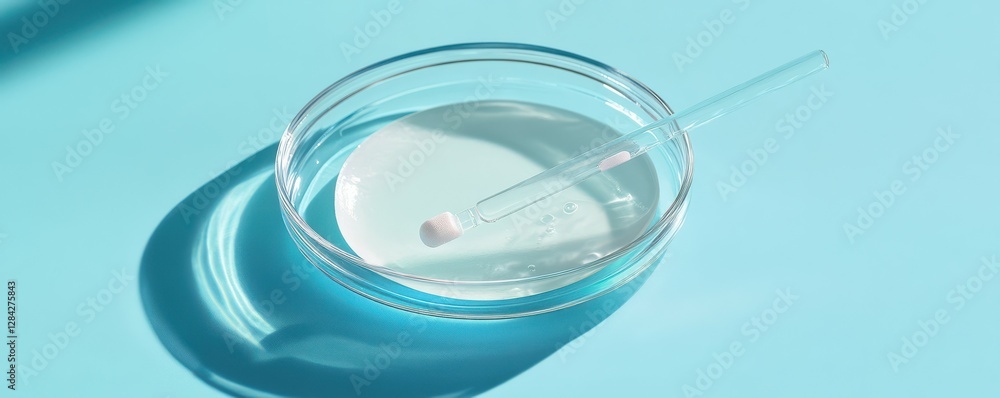 Petri dish with transparent liquid and glass dropper on blue background