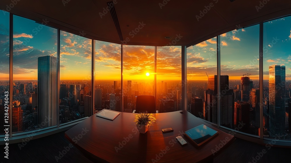 Fototapeta premium Modern Office Workspace with Laptop, Tablet, and City View