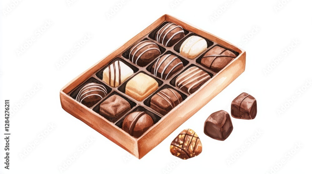 Watercolor Painting of Chocolates in a Box with Rich Brown Tones Watercolor Painting of Chocolates in a Box with Rich Brown Tones