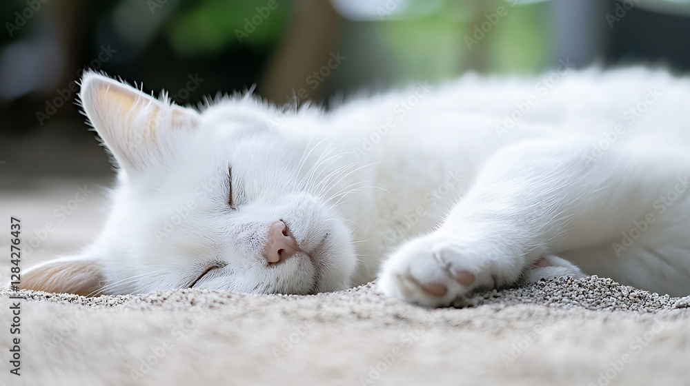 Cute white sleeping cat resting peacefully on sandy surface outdoors : Generative AI Cute white sleeping cat resting peacefully on sandy surface outdoors : Generative AI