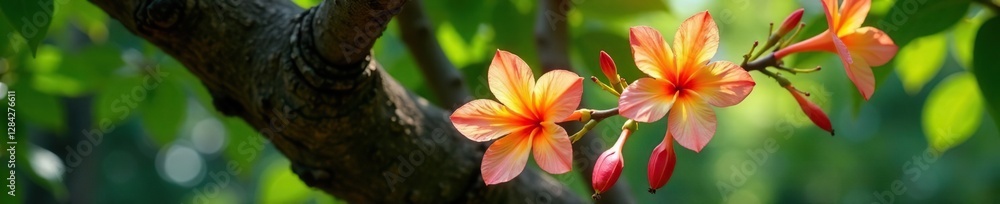Cananga flowers cascade down a tree trunk in full bloom, nature scenery,, greenery Cananga flowers cascade down a tree trunk in full bloom, nature scenery,, greenery