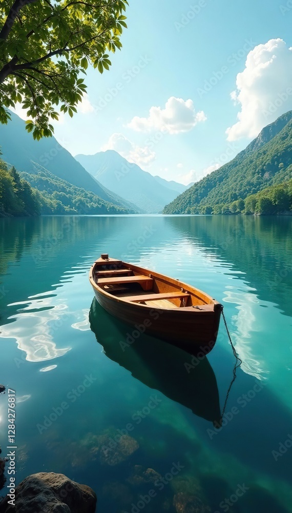 Gentle ripples on the lake's surface, a wooden rowboat glides across, nature, calm, lake Gentle ripples on the lake's surface, a wooden rowboat glides across, nature, calm, lake