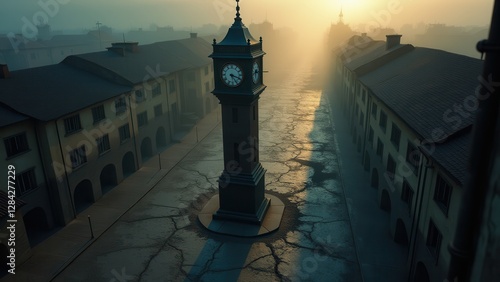 Lost hour, An antique clock tower looms in an abandoned square at dusk viewed from above. Cracked cobblestones and fading sunlight 