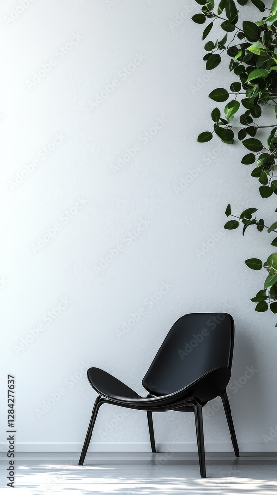 Fototapeta premium Modern Black Lounge Chair in Minimalist Interior with Greenery