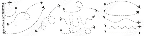 Airplane route line set with dotted flight paths, start points, and location pins for travel and navigation designs